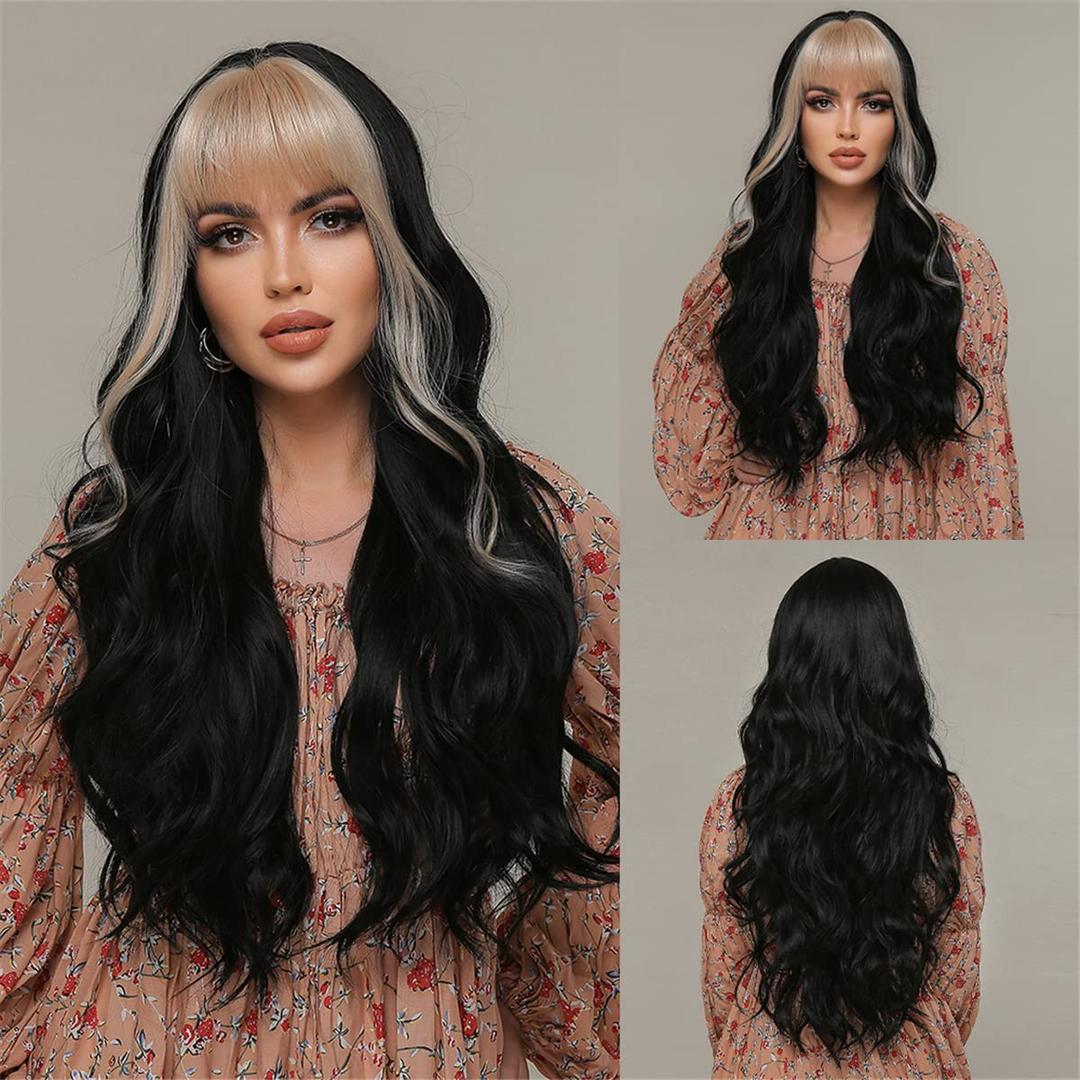 ISHINE Black Wigs for Women, Long Wavy Curly Wigs with Bangs, No Lace Colored Wigs with Bangs, Ombre Blonde to Black Wig, Synthetic Wigs for Daily Cosplay Party Replacement 24inch