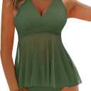Women's Tankini Sets Tummy Control Flowy Mesh Top Full Coverage High Waisted Bottom V Neck Two Piece Swimsuits (Green, M)