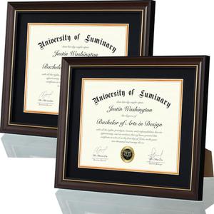 Luminary 11x14 Wood Diploma Frame with 8.5 x 11 Opening Black Mat for College Degree Certificate Document, Walnut Color Wooden Frame with Tempered Glass Panel for Wall or Tabletop Display(2 Pack)