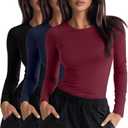 Neer 3 Pack Womens Underscrub Shirts Long Sleeve Crewneck Tops Fitted Layering Clothes Comfort Knit Tops for Nurse (X-Small, Black, Navy Blue, Wine Red)
