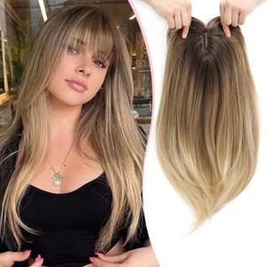 18inch Hair Topper with Bangs Synthetic 6.5"X6.5" Big Base Cover Clip in Hairpieces for Women with Thinning Hair Add Volume Daily Use(Brown Blonde with Dark Root)