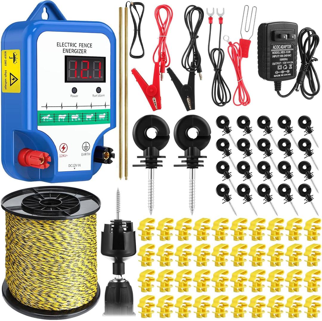 MorningRo 10 Mile Electric Fence Kit for Livestock, 3 Joule 12KV Fence Charger with LED Display, 3366 ft 9-Strand Polywire, 60 Insulators & Ground Rods, AC/DC Fencing System for Horse Cattle Pasture