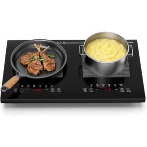Double Induction Cooktop 1800W, Portable 2 Burner Electric Cooktop with Full Touch Control, 10 Power Levels, 4-Hour Timer, Child Lock, Low Power Continuous Heating, 110-120V