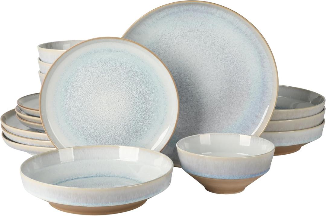 Gibson Elite Hailstone 16 Piece Stoneware Reactive Glaze (Service for 4) Ceramic Plates and Bowls Dinnerware Set - Moon Blue (Hailstone (Hailstone Tropical Green))