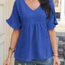 Womens Summer Tops V Neck Ruffle Half Sleeve Blouses Cute Lace Peplum Shirts Casual Boho Babydoll Clothing 2025 (Blue, XXL)