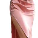 Velius Women's Satin Sleeveless Spaghetti Strap Elegant Backless Ruched Bodycon Slit Maxi Dress (Pink)