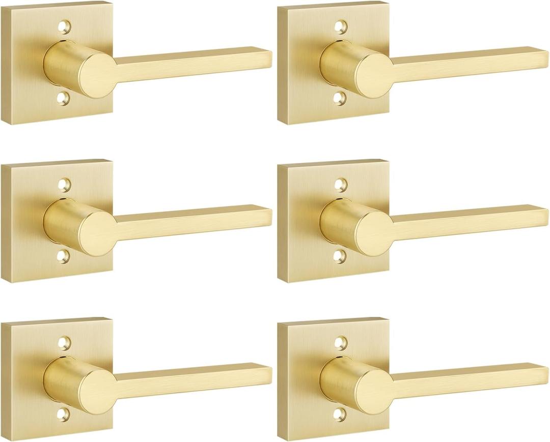 EHOMEWARE 6 Pack Satin Brass Dummy Door Handle, Gold Interior Door Lever for Pull or Push Only, Heavy Duty Single Sided Door Handles for French or Closet Doors