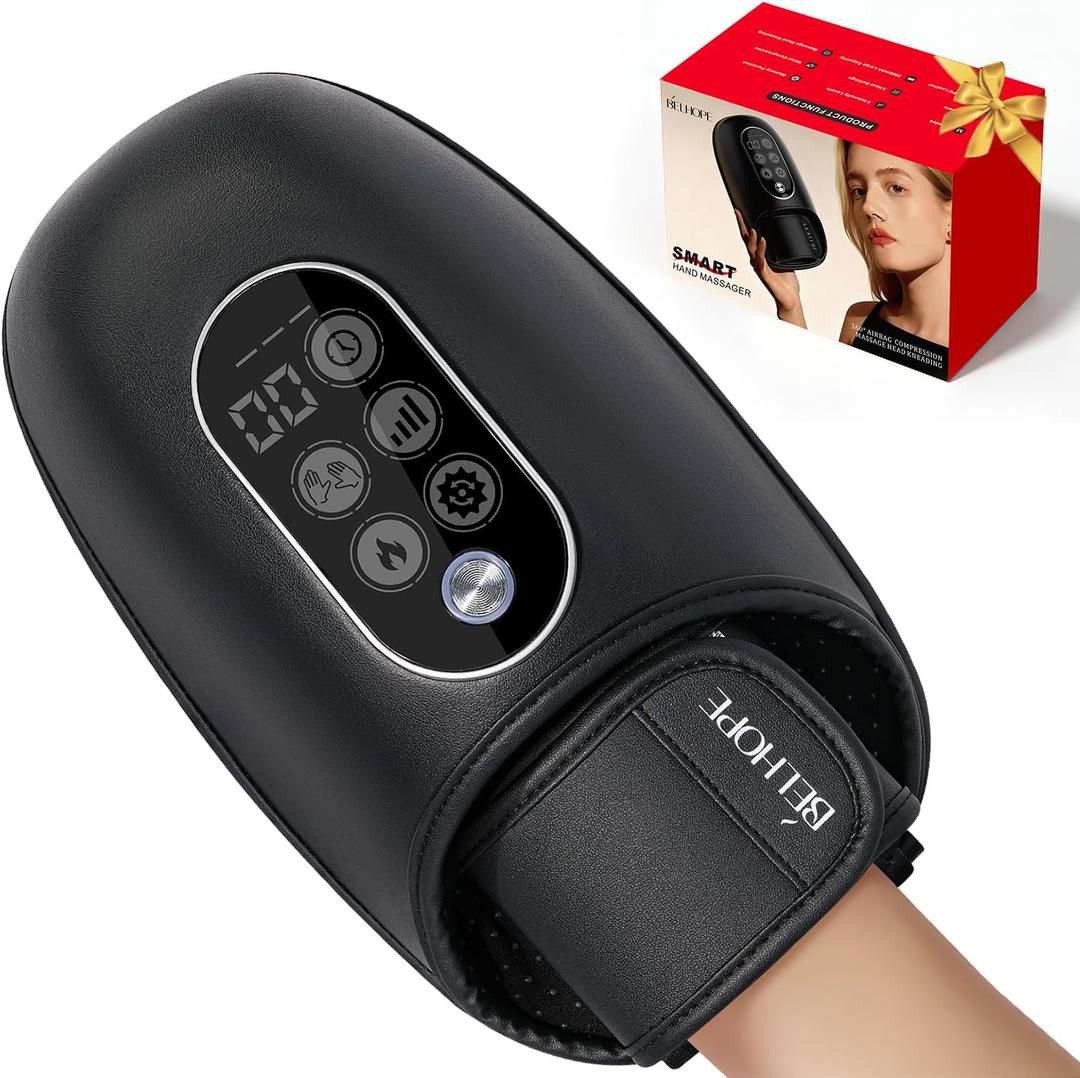 Hand Massager with Heat and Compression, Hand Massage for Arthritis and Carpal Tunnel Relief, 6 Intensities with Wrist Massager and Kneading Massage Nodes, Mother's Day Gifts for Men Women (Dark Black)