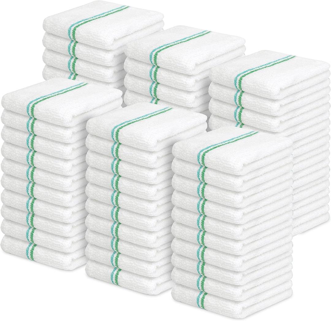 Avalon Towels Terry Bar Mop Towels (Value Pack of 60) Size 16"x19"  Absorbent and Durable, Multipurpose Cleaning Rags, Cotton Cleaning Cloths, Terry Cloth Rags, Reusable Shop Rag (Twin Green Stripe)