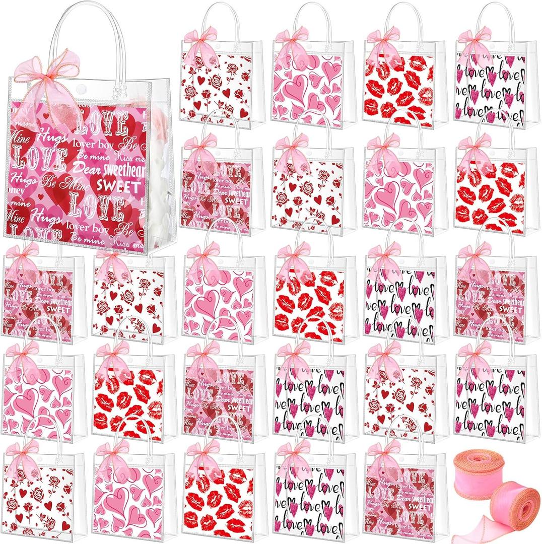 Hosuly 50 Pcs Valentines Clear Gift Bags Bulk Heart Rose Valentine PVC Treat Bags with Handles Ribbon 5 Styles Reusable Plastic Galantines Tote for Party Favors Gift Exchange