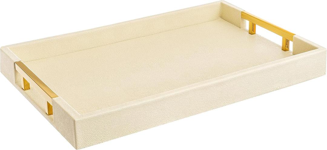 Modern Elegant 17.5x12 Rectangle Cream Rectangle Shagreen Faux Leather Decorative Tray Ottoman Tray Coffee Table Perfume Living Room Kitchen Serving Tray with Gold Polished Metal Handles.