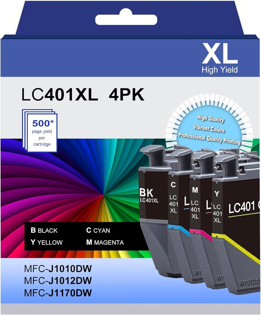 LC401XL High Yield Ink Cartridges Compatible for Brother LC401 XL Work with Brother MFC-J1010DW MFC-J1012DW MFC-J1170DW Printer (1 Black, 1 Cyan, 1 Magenta, 1 Yellow, 4 Pack)
