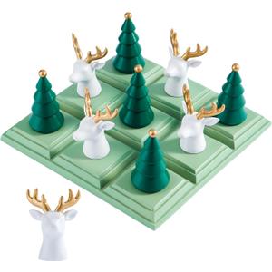 DN DECONATION Christmas Decor Tic Tac Toe Game for Coffee Table, 7.68" Resin Board Set with Reindeer & Tree Pieces, Christmas Decoration Gifts for Adults, Xmas Winter Holiday Home Shelf Mantel Decor