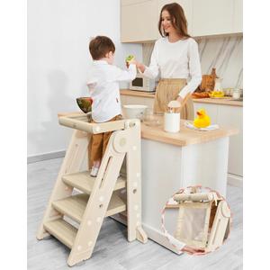 Forbena Collapsible Montessori Learning Standing Tower for Toddlers, Foldable Toddler Kitchen Stool Helper, Adjustable Plastic Kids Children Stepping Stool for Counter Bathroom Sink (Apricot)