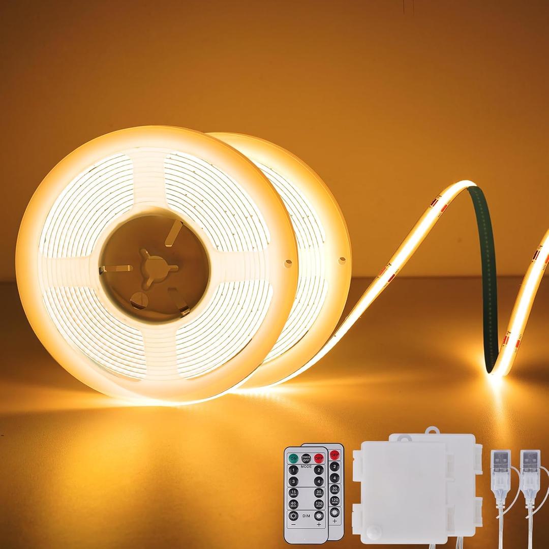 OMIKA COB LED Strip Lights, 2700K Warm White Battery Powered 640LED 6.56FT Strip Lights with Remote Timer Dimmable Flexible Cuttable Tape Lights for Cabinet Shelves Bedroom (2 Pack)