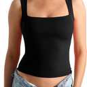 HOYAYO Women's Slim Fit Double-Layer Tank Top Square Neck Sleeveless Basic Fitted Tee Shirt (Medium, Black-chest Line)