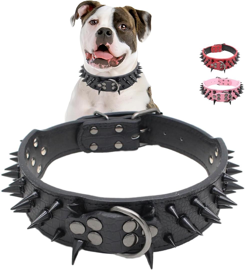 Spiked Dog Collars for Medium Large Dogs, Sharp Spike Studded Anti-Bite Protect Pets Neck Adjustable for Mastiff Pitbull Pug Bulldog, Black Rivets 2-Inch Wide Black Faux Leather 19-22" Spiked Dog Collars for Medium Large Dogs, Sharp Spike Studded Anti-Bite Protect Pets Neck Adjustable for Mastiff Pitbull Pug Bulldog, Black Rivets 2-Inch Wide Black Faux Leather 19-22"