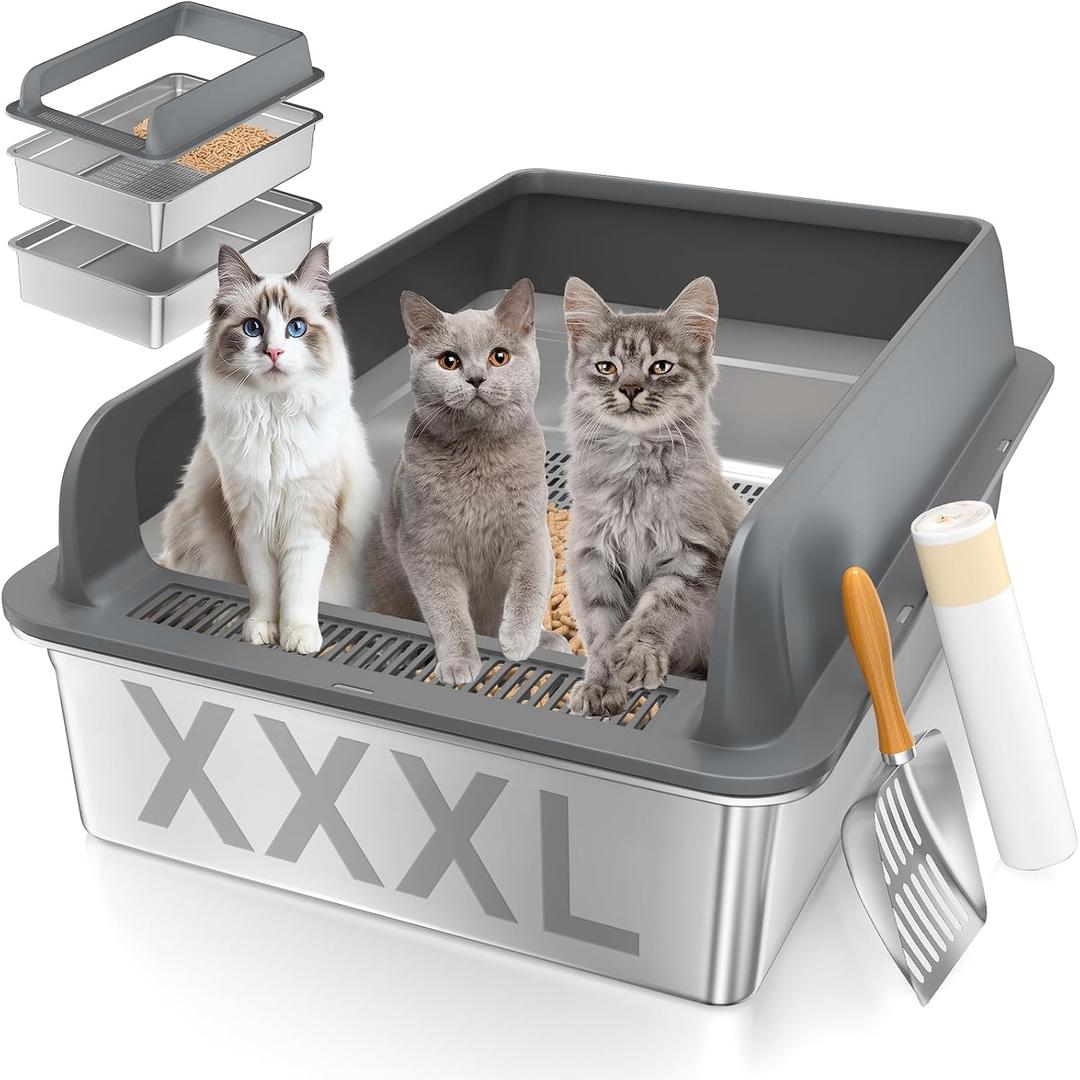 XXXL Stainless Steel Sifting Litter Box with Lid, 28'' L 20'' W Extra Large Sifting Cat Litter Box for Pine Pellets & Big Cats & Multiple Cats, Metal Pellet Sifter Litter Pan System for Odor Control