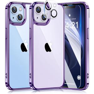5 in 1 Crystal Clear for iPhone 14 Case with 2X Screen Protector+2X Camera Lens Protector [Not-Yellowing & Military Grade Drop Protection] Slim Protective Phone Case for iPhone 14 6.1'' Purple