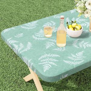 misaya Rectangle Vinyl Tablecloth, Fitted Table Cover, 100% Waterproof, Elastic Edge, Plastic Tablecloth Fit Folding Tables for Picnic, Camping, Outdoor (Light Green Leaves, 36x72 inch)