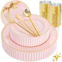 180pcs Pink Plastic Plates with Gold Beads,Elegant Heavy Duty Disposable Plates,Pink and Gold Dinnerware Set Include 10.25" Dinner Plate and 7.5" Dessert Plate with Plastic Silverware and Cups Party