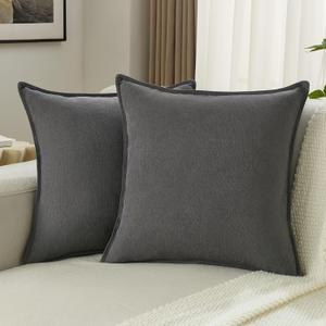 FUTEI Pack of 2 Solid Chenille Throw Pillow Covers 18x18 Inch Soft Edge Decorative Cushion Cases Farmhouse Accent for Couch Bed Living Room, Dark Grey