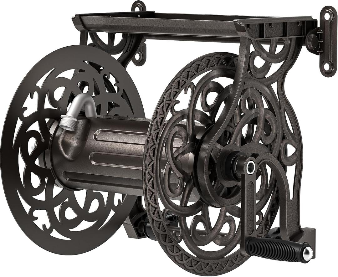 Garden Hose Reel Wall Mount Metal, Holds 125 ft x 5/8" Decorative Water Hose Holder for Outside Storage, Heavy Duty Aluminum Frame w/Shelf, No-Leak Aluminum Water System, Easy Assmbly, Dark Bronze
