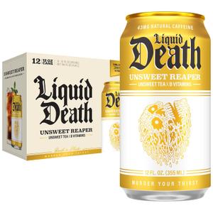 Liquid Death Iced Tea - Unsweet Reaper, Less Sugar*, Boost of Caffeine, B Vitamins, No Artificial Sweeteners, 12 Fl Oz (Pack of 12) (EXP 02/28/28)