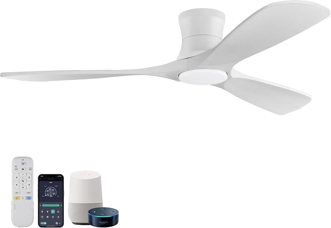 52”Smart Low Profile Ceiling Fans with Lights Remote, Quiet DC Motor, Outdoor Indoor Flush Mount Ceiling Fan, Control with WIFI Alexa App, Dimmable, 6-speed,3 White Wood blades, for Modern Bedroom Patio