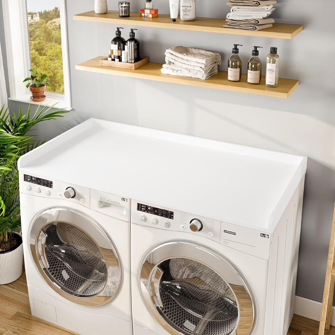 Avana Washer Dryer Countertop, White Natural Pine Wood Laundry Countertop with Raised Edges - 54" Width x 27.5" Depth Laundry Room Organization