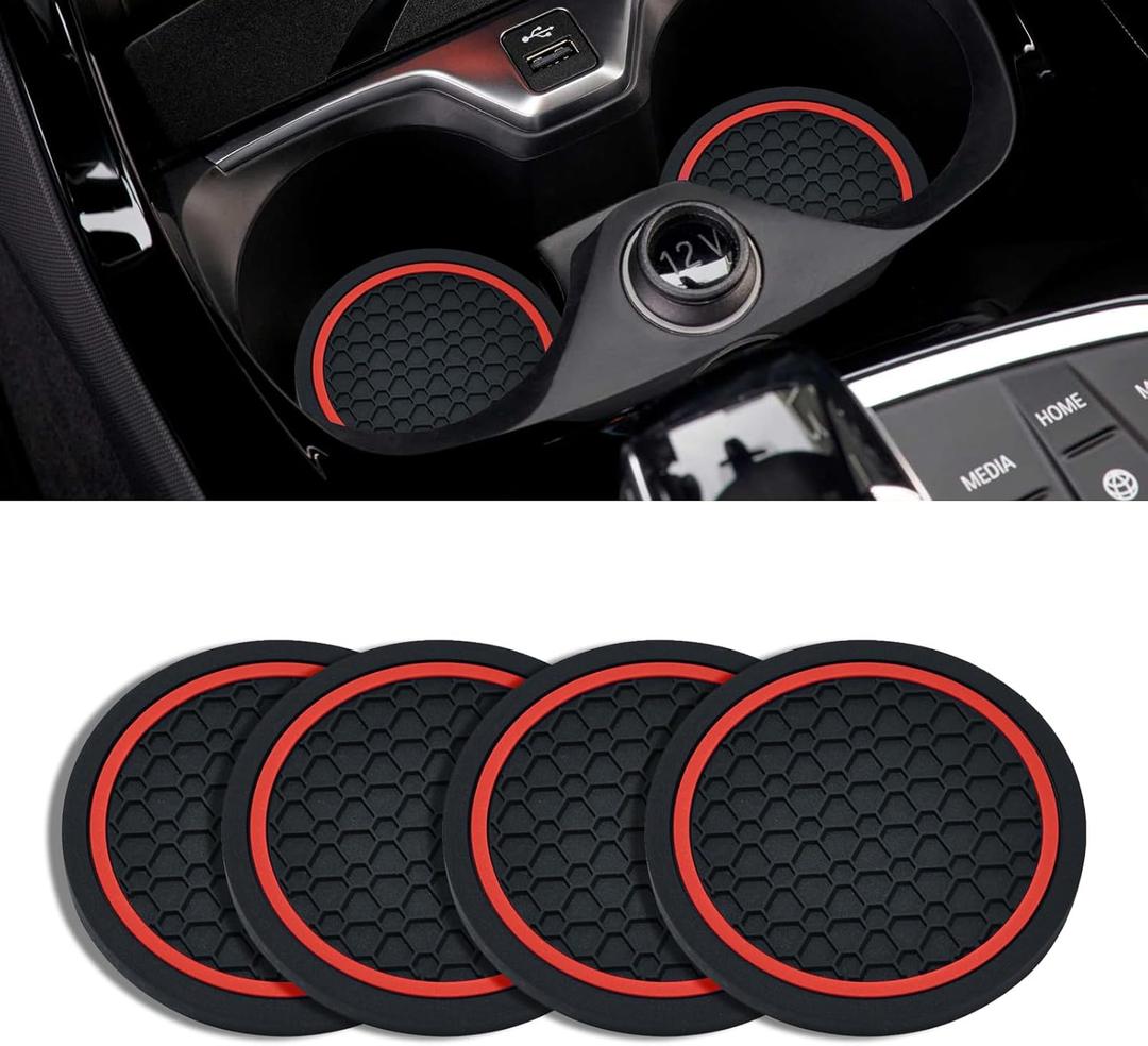 4PCS Car Cup Holder Coasters, 2.75 Inch Non-Slip Insert Cup Holder Pad, Dustproof Automotive Interior Accessories Mat, Universal for Trucks, Vehicles, RVs and More (Black/Red)