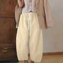 Gihuo Women's Cotton Wide Leg Pants, Elastic Waist Harem Style, Casual Baggy Palazzo Pants with Pockets(Beige, M)