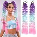 2 Pcs 22 Inch Lightweight Bubble Ponytail Extensions, Colored Braids Hair Extensions with Hair Tie, Crazy Hair Day, Festival Rave Accessories for Girls (Purple/Light Blue/Pink#)