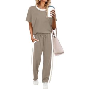 WIHOLL 2 Piece Lounge Sets for Women Matching Set Summer Outfits Short Sleeve Tops Wide Leg Pants with Pockets, Large, Coffee