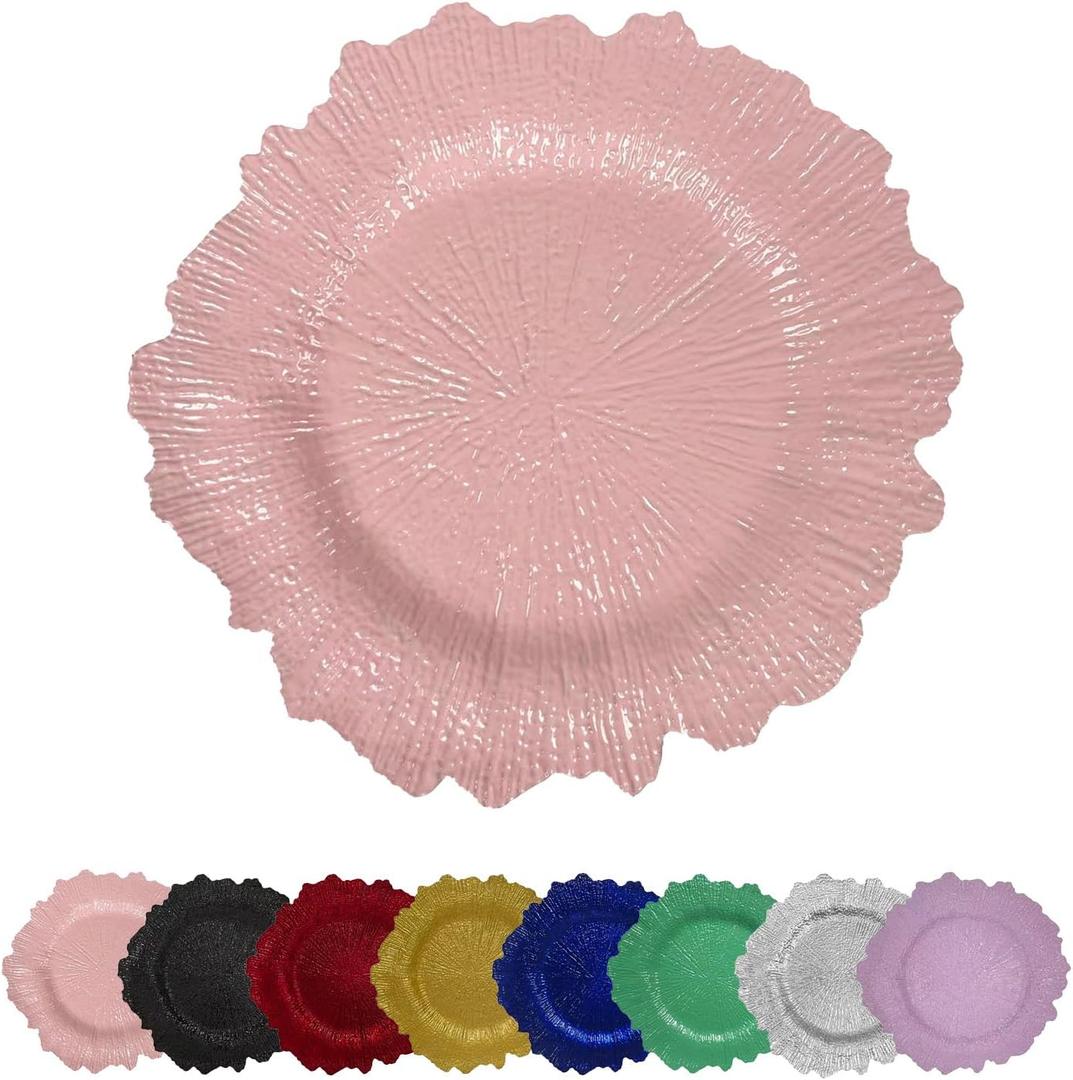 13 Inch 12pcs Reef Charger Plates Elegant Decorative Dinner Plates for Wedding, Holiday Parties, and Formal DiningStylish Table Decor for Festive Celebrations (Pink-12XH)