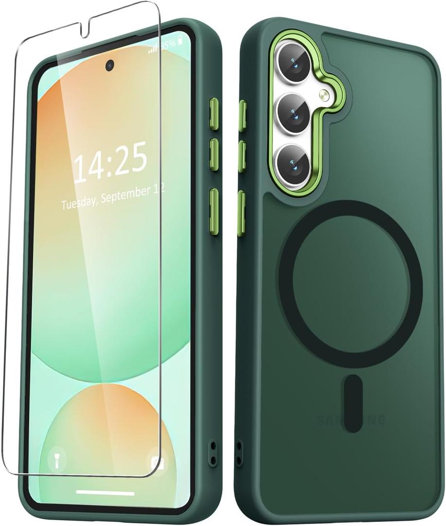 for Samsung Galaxy S25+ Plus Case, Matte Magnetic Phone Case with 1 Screen Protector, Support for Magsafe, Translucent Frosted Shockproof Protective Cover for Samsung Galaxy S25+ Plus, Dark Green