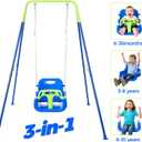 FUNLIO Toddler Swing with Foldable Metal Stand for Toddlers Aged 1~10 Years, 3-in-1 Baby Swing Set with 4 Sandbags for Backyard/Indoor/Outdoor Play, Easy to Assemble & Store - Bluegreen