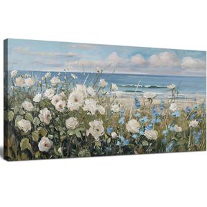 Large blue floral wall decor.Modern beach canvas wall decor item.Coastal Landscape Wall Decor flower landscape painting.Suitable for decoration in living room,bedroom,and home office 24x48 inches