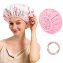 Reversible Shower Cap for Women Waterproof Reusable, Double Layer Large Shower Cap with Elastic Band, Non-Slip Washable Bath Hair Hat for Braids & Long Hair