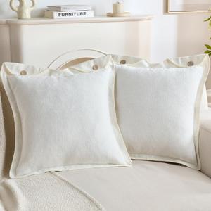 FUTEI Pack of 2 Chenille Buttons Throw Pillow Covers 18x18 Inch Soft Piped Edges Decorative Cushion Case Neutral Farmhouse Accent for Couch Living Room, Cream