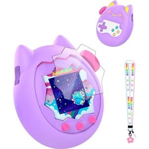 for Tamagotchi Paradise Soft Silicone Case and TPU Clear Screen Protector flim, 360-degree Full Protective with Flower Series Lanyard, Scratch Shock Protection,Purple