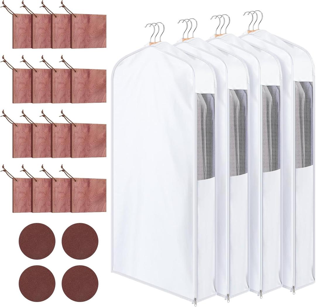 4 Sets Cotton Garment Bag for Hanging Clothes and Storage with Cedar Blocks for Fresh Smell and Moth Protection Sandpaper for Suit Fur Coat Jacket Sweater (40 x 24 x 6 Inch,White)