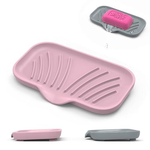 Jalopink 2 Pack Soap Holder with Drain - Self Draining Waterfall Soap Dish & Sponge Holder for Kitchen Sink Organizer, Non-Slip Dish Soap Tray for Dispenser Bottle, Gray Pink, 6x3.4 Inches