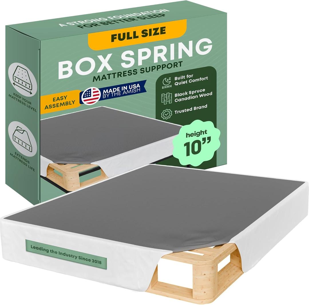 Greaton, 10 Full Size Box Spring Only for Full Size Bed  Amish-Made in The USA  Solid Wood Mattress Foundation with Stable & Quiet Support  Flat-Packed & Easy Assembly  White