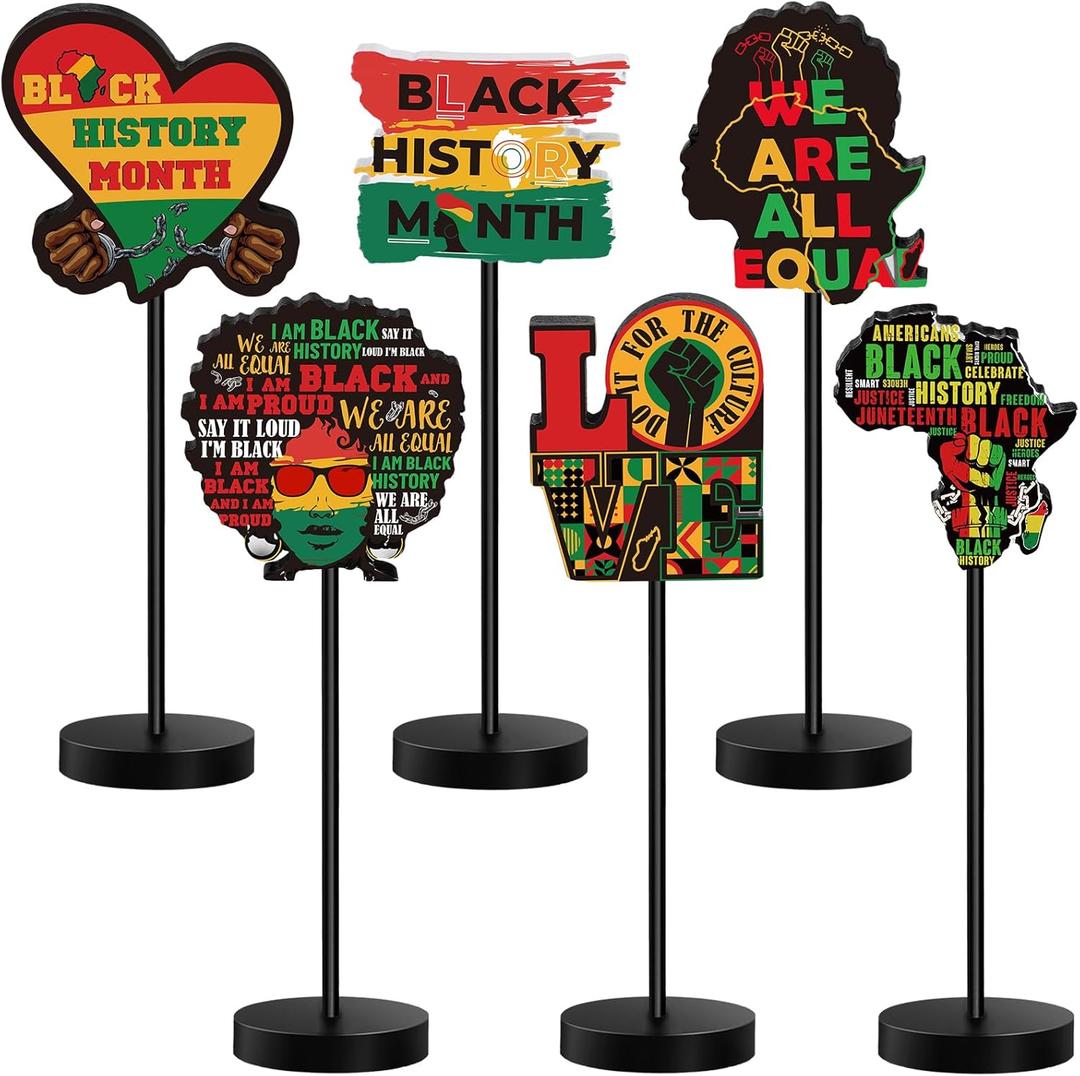 Geetery 6 Pcs Black History Month Decorations Wooden Black History Month Table Centerpieces Africa Afro American Signs Wood Table Toppers for Freedom Day Celebration Party Supplies