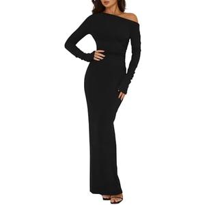BTFBM One Shoulder Long Sleeve Dress for Women 2025 Bodycon Ruched Night Out Formal Maxi Fall Wedding Guest Dresses, Black, Medium