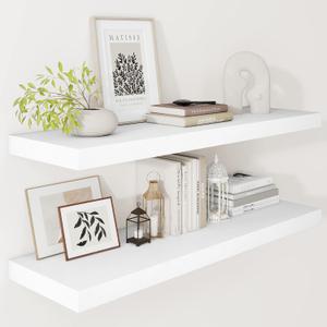 Vivelove 12 Deep Floating Shelves for Wall, 24/36/48/55 Inch Shelves for Room Wall Mounted, 2" Thick Floating Shelf for Living Room Bedroom Bathroom Kitchen Laundry Room, Set of 2 White, 35.4"W x 12"D x 2"H,Set of 2