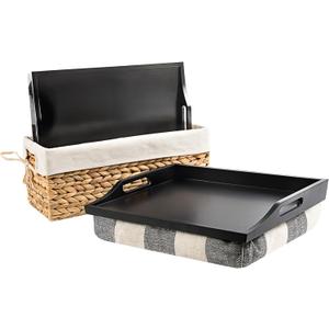 ROSSIE HOME Wood Bed Tray Lap Desk - Set of Two - with Hyacinth Storage Basket - Buffalo Check - Fits up to 15.6 Inch Laptops - Style No. 70108 ROSSIE HOME Wood Bed Tray Lap Desk - Set of Two - with Hyacinth Storage Basket - Buffalo Check - Fits up to 15.6 Inch Laptops - Style No. 70108