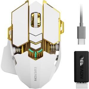 EWEADN G5 Wireless Gaming mouse, 12800 Adjustable DPI Ergonomic Mouse with 6 RGB Backlit Modes, Rapid Fire Key, 9 Programmable Macro Buttons, Rechargeable Bluetooth Mouse for PC/Mac/Laptop - White