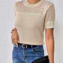 Short Sleeve Sweaters for Women 2026 Casual Crewneck Summer Shirts Lightweight Hollow Out Knit Sweater Tops (Beige, XXL)